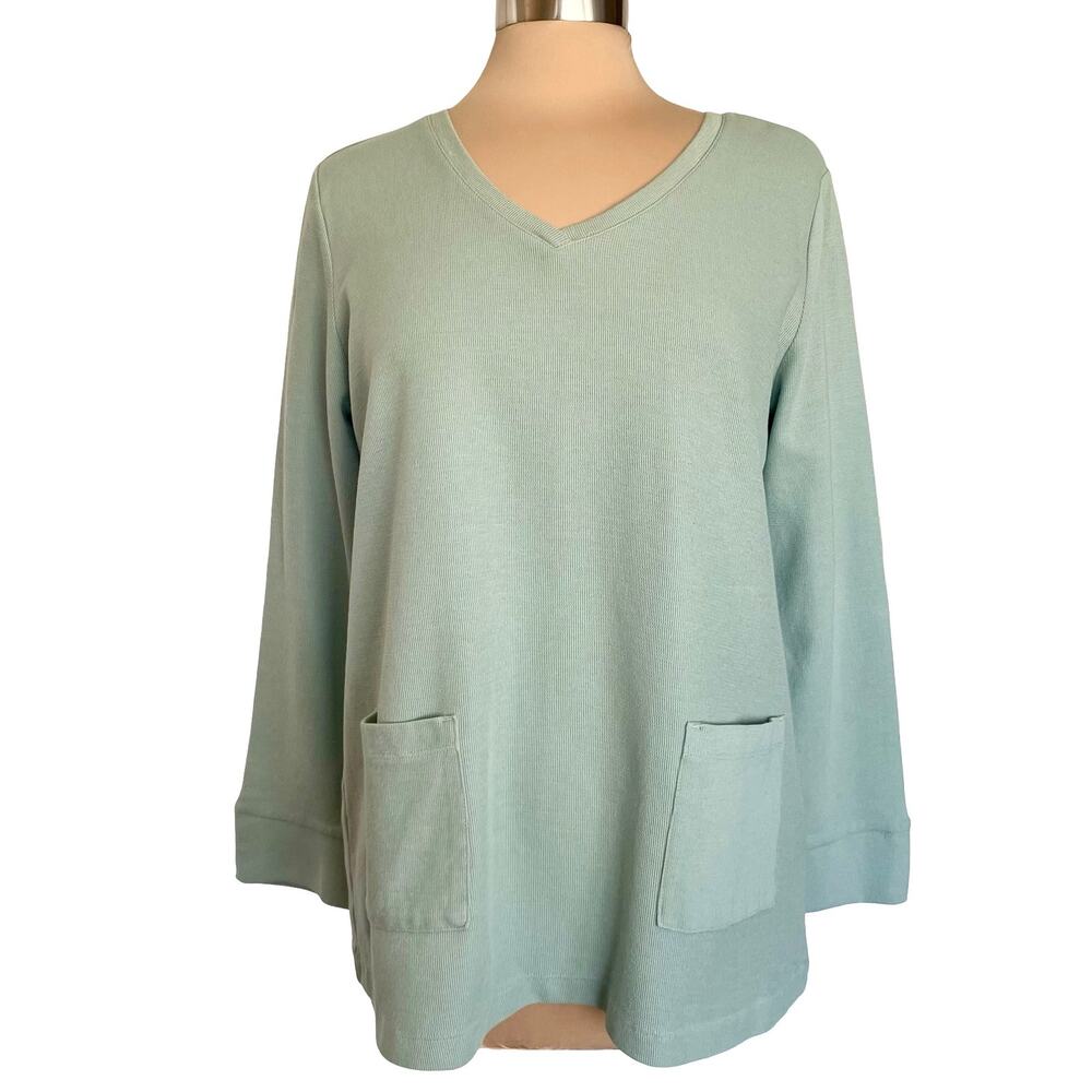 J. Jill Sage Green V-neck Knit‎ Top Front Pockets Casual Coastal Comfy Sz LG
